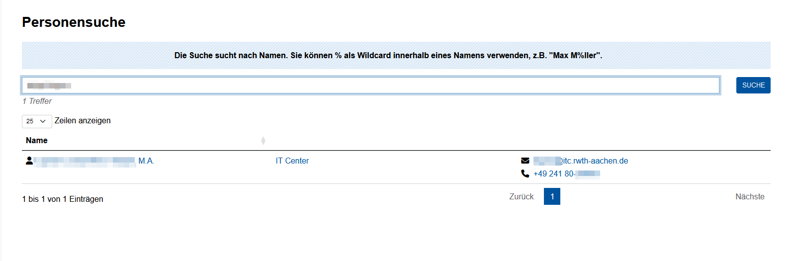 Screenshot der Personensuche.Die Felder sind über dem Bild beschrieben.