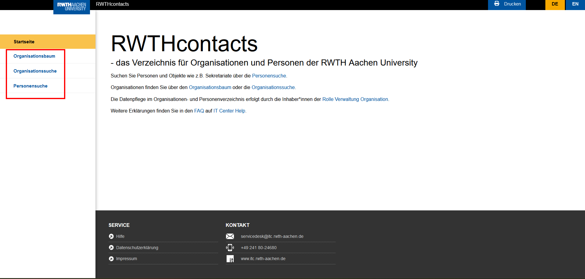 Screenshot der Startseite von RWTHcontacts. Die Suchmöglichkeiten sind unter der Startseite sowie im Text unter der Überschrift "RWTHcontacts" verlinkt.