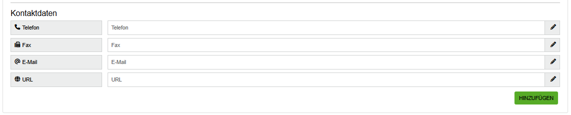 Screenshot des Abschnitts „Kontaktdaten“. Hier werden alle Kontaktmöglichkeiten der Organisation angezeigt. Der Button „Hinzufügen“ befindet sich unter „URL“.
