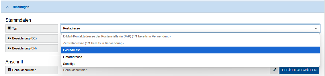 Screenshot des Abschnitts „Stammdaten“. Der Dropdown-Menü „Typ“, zur Auswahl eines Kontakttyps, befindet sich unter Stammdaten und über Bezeichnung (DE). 