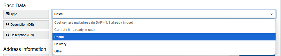 Screenshot of the “Base data” section. The “Type” drop-down menu for selecting a contact type is located under “Base data” and above “Description (DE)”.
