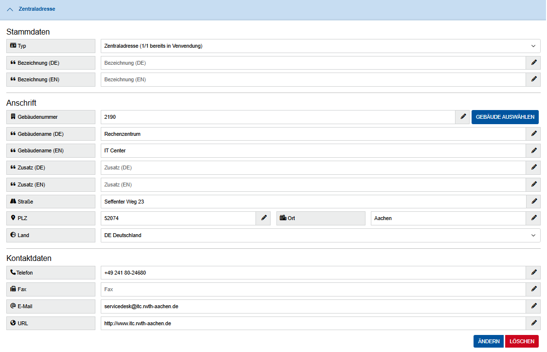 Screenshot des Abschnitts „Zentraladresse“. Hier werden alle bereits bestehenden Informationen angezeigt. Der Button „Ändern“ kommt nach der URL. Der Button „Löschen“ kommt nach dem Button „Ändern“.