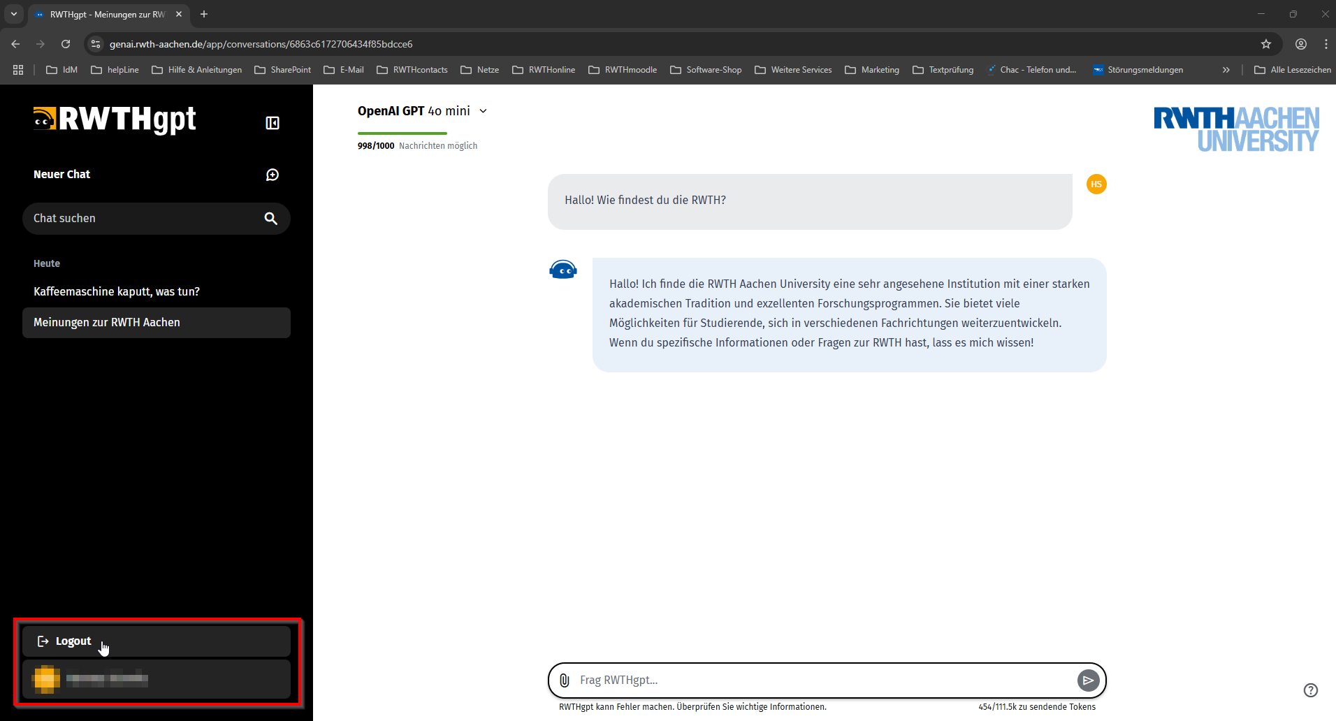 Screenshot der RWTHgpt Benutzeroberfläche auf dem unten Links der Logout-Button markiert ist.