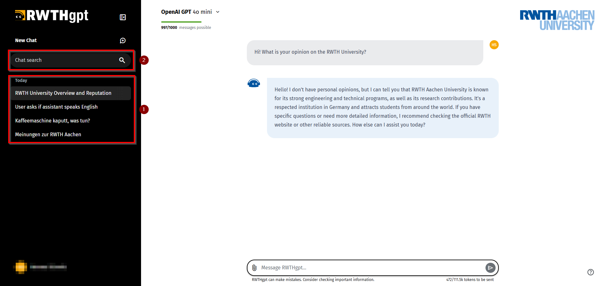 Screenshot of the RWTHgpt user interface on which the “Search chat” input field and the chat history are highlighted on the left.