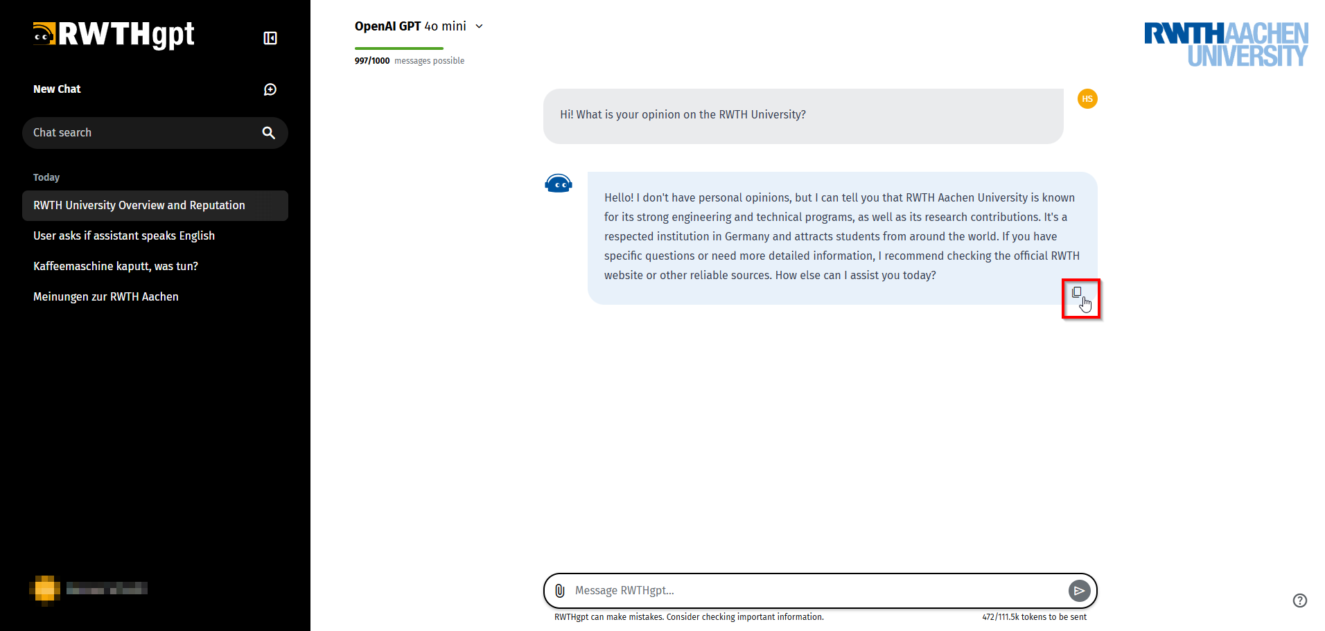 Screenshot of the RWTHgpt user interface on which the copy symbol is marked in the chat response at the bottom right.
