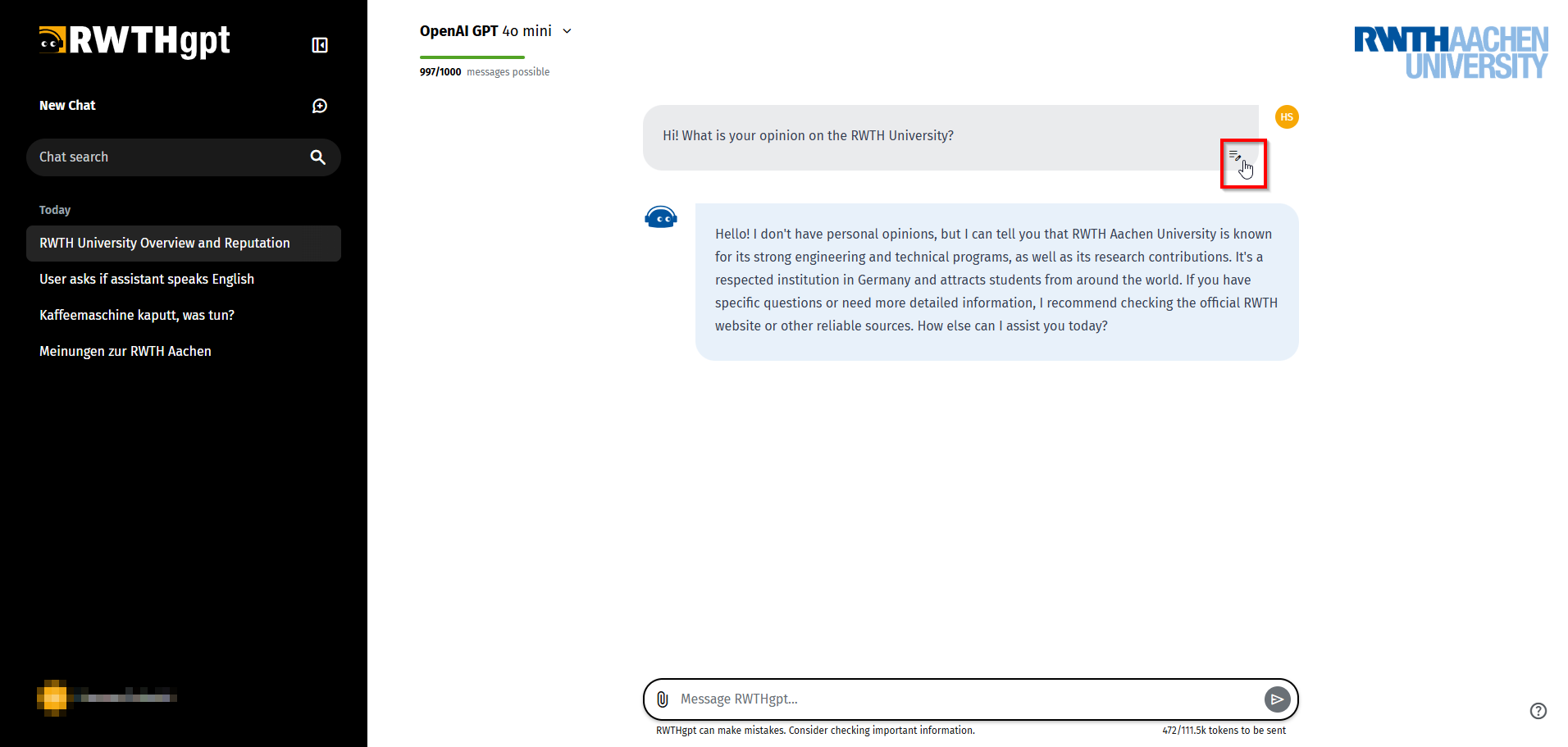 Screenshot of the RWTHgpt user interface on which the button for editing the message is marked at the bottom right within the sent message.