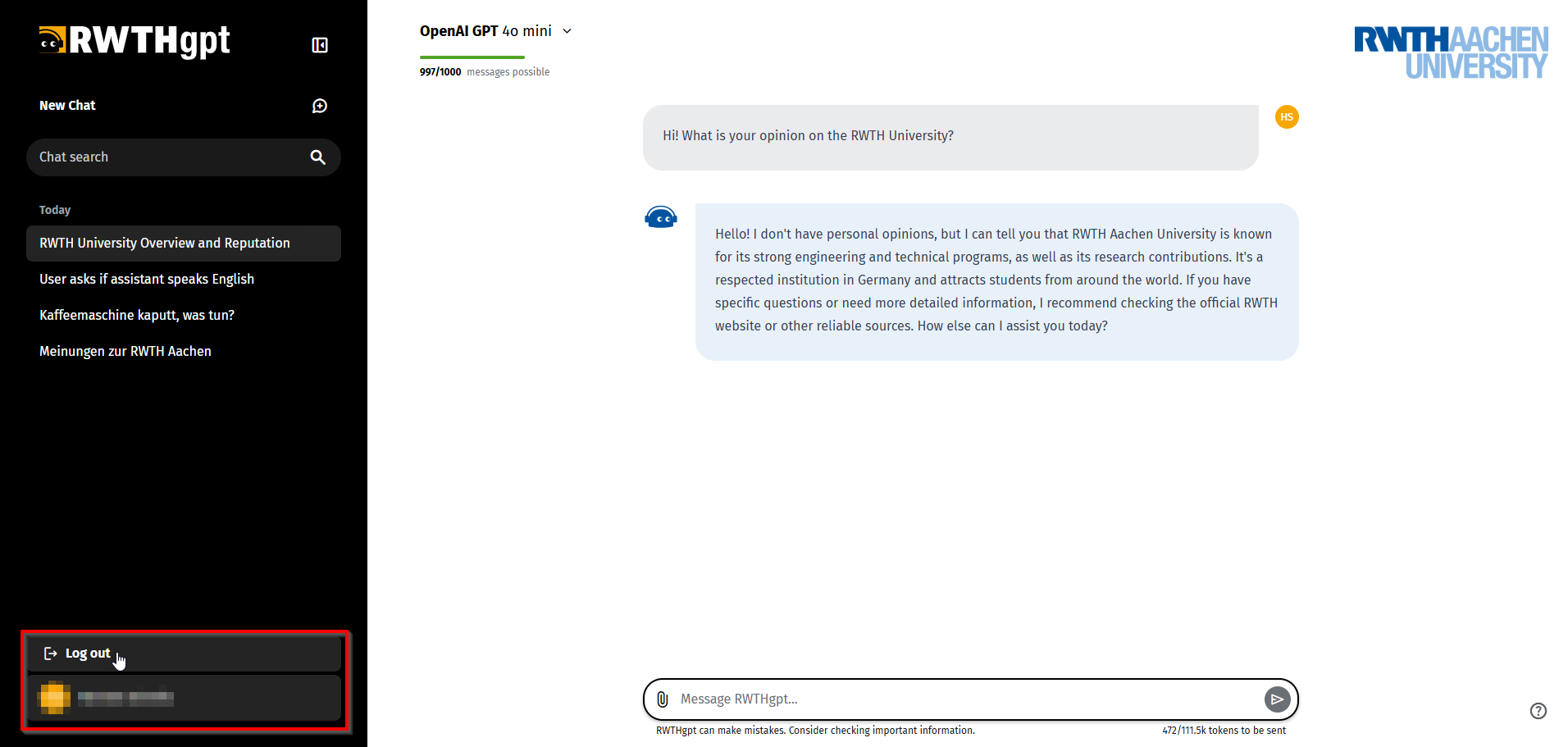 Screenshot of the RWTHgpt user interface with the logout button marked at the bottom left.