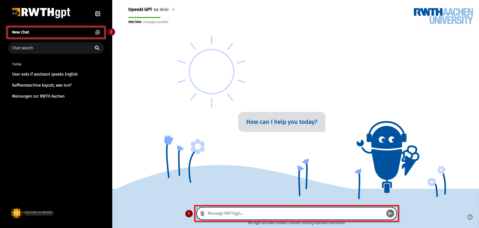 Screenshot of the RWTHgpt user interface on which the “New chat” button is marked on the left and the input line is marked at the bottom center.
