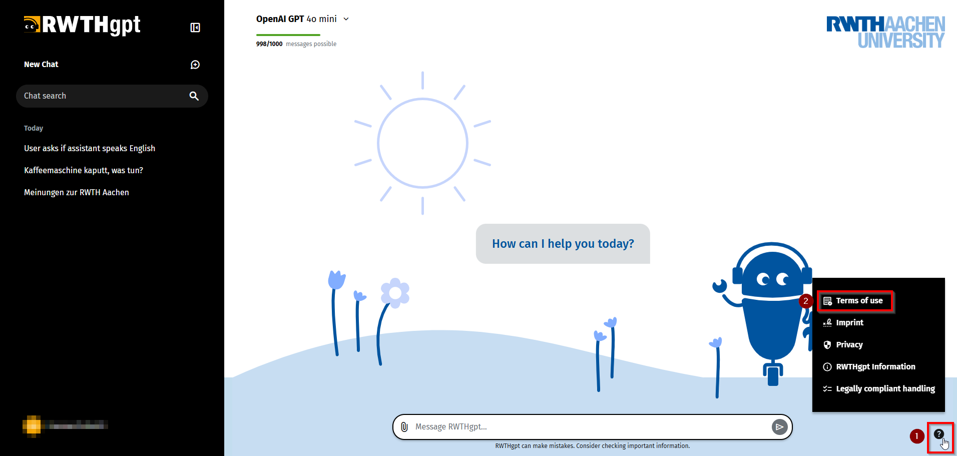 Screenshot of the RWTHgpt user interface with the question mark symbol at the bottom right and the terms of use highlighted in the menu.