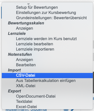 Screenshot Auswahldialog in Bewertungen für CSV-Import