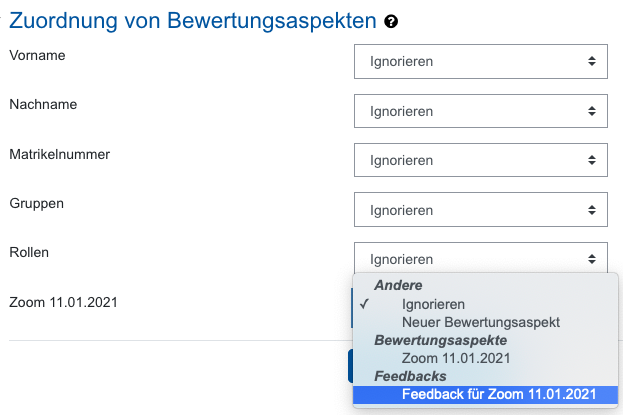 Screenshot Bewertungsaspekt zuordnen