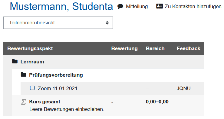 Screenshot Teilnehmerübersicht Bewertungsaspekt für Studis sichtbar