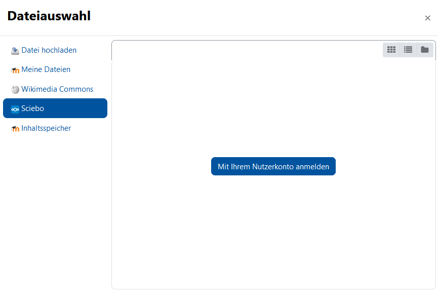 Der Bildschirmausschnitt zeigt die Möglichkeiten im Bereich "Dateiauswahl". Zur Verfügung stehen "Datei hochladen", "Meine Dateien", "Wikimedia Commons", "Sciebo" und "Inhaltsspeicher". Die Option "Sciebo" ist ausgewählt, daher ist im Inhaltsbereich rechts die Schaltfläche "Mit Ihrem Nutzerkonto anmelden" abgebildet.