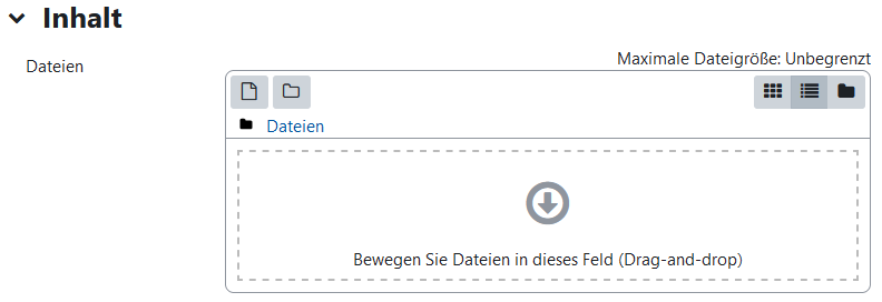 Der Bildschirmausschnitt zeigt den Bereich "Inhalt". Im Bereich "Dateien" ist das Hochladen und Verwalten von Dateien möglich. In der ersten Zeile steht "Maximale Dateigröße: 250MB". Darunter sind in einer Zeile die Schaltflächen "Neue Datei" und "Neuer Ordner" sowie die Icons "Symbole", "Liste" und "Ordnerstruktur" zum Ändern der Dateianzeige. Unterhalb ist Feld zum Hochladen von Dateien, diese können hier per drag and drop hingezogen werden. Beschriftet ist das Feld mit "Bewegen Sie Dateien in dieses Feld (Drag-and-drop)", zudem ist ein grauer Kreis mit einem nach unten zeigenden Pfeil abgebildet.