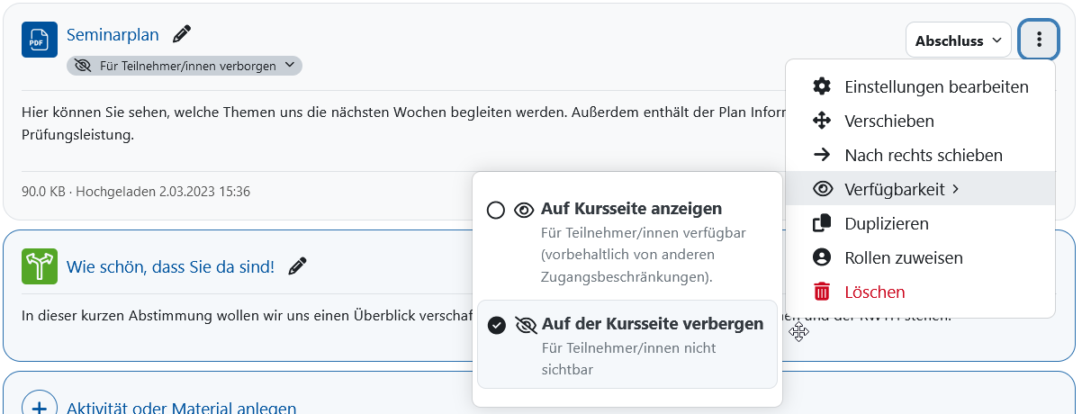 Screenshot: Material mit Kontextmenü, Menüpunkt "Verfügbarkeit" mit der Option "Auf Kursseite verbergen" ausgewählt.