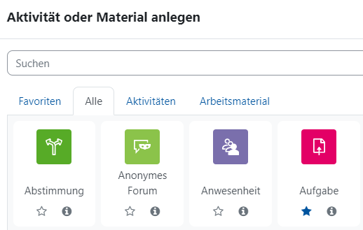 Der Screenshot zeigt eine Teil der Aktivitätenauswahl mit einer kleinen Auswahl an Aktivitäten. Unter der Überschrift "Aktivität oder Material anlegen" ist ein Suchfeld zum Filtern der verfügbaren Elemente. Darunter sind vier Karteireiter zu erkennen, "Favoriten", "Alle", "Aktivitäten" und "Arbeitsmaterial". Der Reiter "Alle" ist ausgewählt, hier sind beispielhaft die Aktivitäten "Abstimmung", "Anonymes Forum", "Anwesenheit" und "Aufgabe" zu sehen, die ausgewählt werden können.