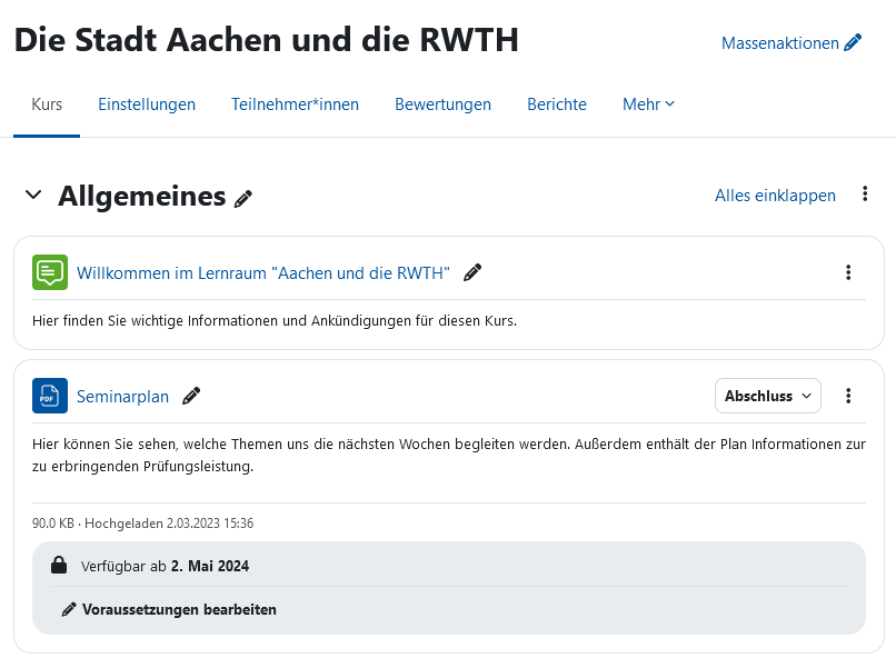 Screenshot: Ausschnitt der Kursseite mit einem Abschnitt und verschiedenen Aktivitäten, außerdem verschiedene Elemente zur Bearbeitung.