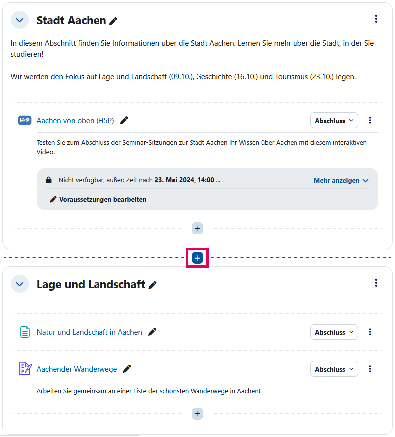 Screenshot: Zwei Kursabschnitte mit einer gestrichelten Linie und einem rot umrandeten Plus-Symbol dazwischen. 