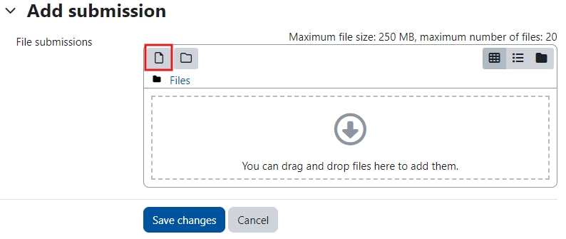 Screenshot of the upload field for submitting files. The button for selecting a file is framed in red at the top left of the upload field.