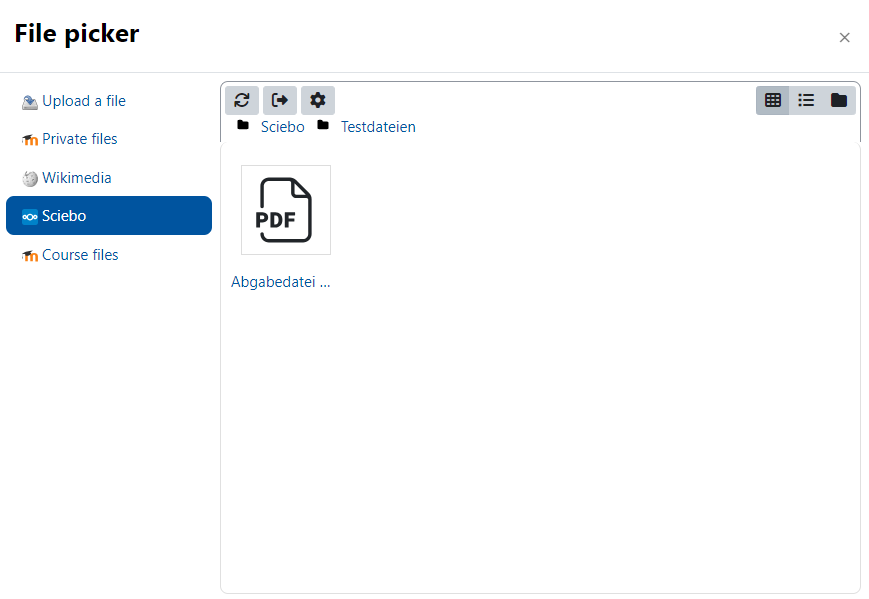 Screenshot of the file picker window. Sciebo is selected as the repository on the left. The files available in Sciebo are displayed on the right-hand side of the window.