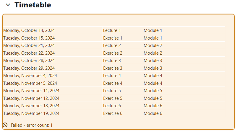 Screenshot: Yellow marked text and media area with timetable information and the note "Failed - error count: 1"