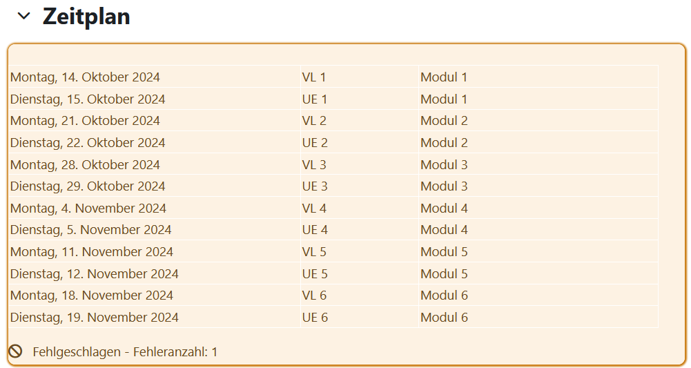 Screenshot: Gelb markiertes Text- und Medienfeld mit Angaben zu einem Zeitplan und dem Hinweis "Fehlgeschlagen - Fehleranzahl: 1"