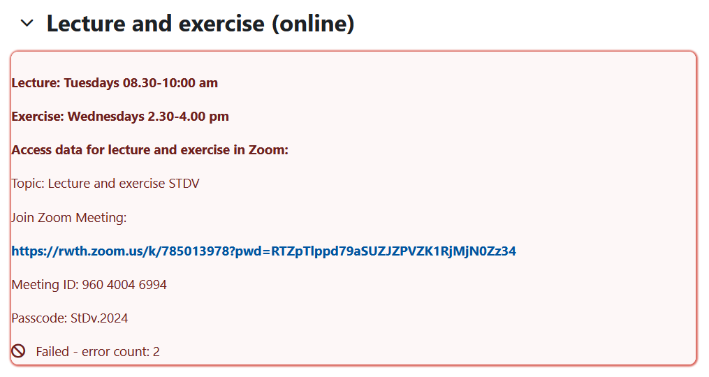 Screenshot: Red marked text and media area with information on a lecture and exercise and the note "Failed - error count: 2"