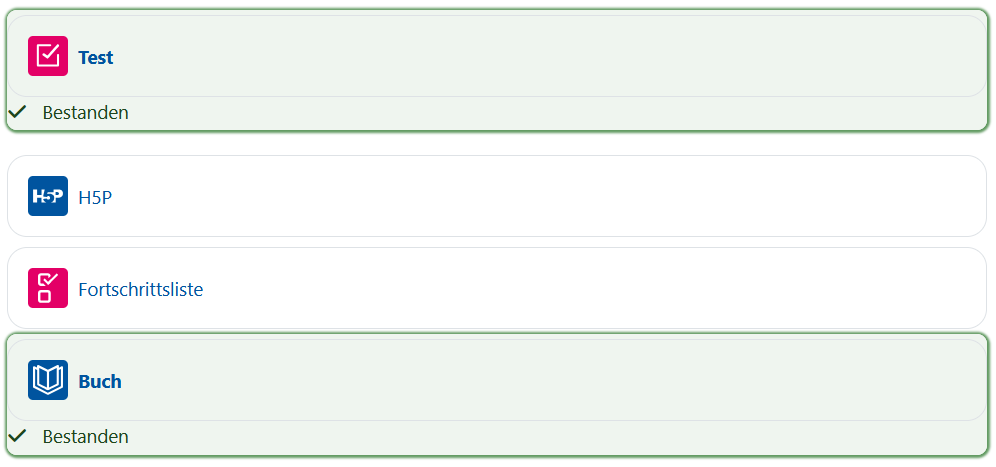 Screenshot: Aktivitäten und Materialien, teils ohne Kennzeichnung, teils grün markiert mit dem Hinweis "Bestanden"