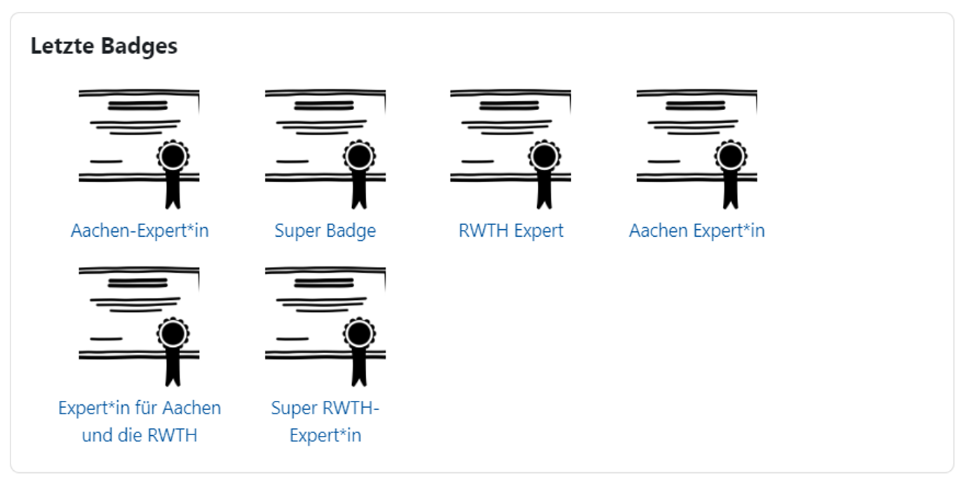 Der Bildschirmausschnitt zeigt den Block "Letzte Badges". Hier sind beispielhaft sechs Badges dargestellt, hierzu ist ein an eine Urkunde erinnerndes Symbol mit dem jeweiligen Namen dargestellt, der Name ist ein Link zum jeweiligen Badge.