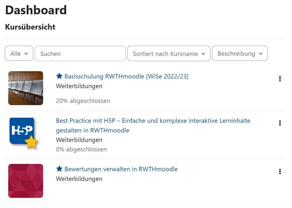 Der Bildschirmausschnitt zeigt die Kursübersicht auf dem Dashboard. Die erste Zeile besteht aus den Konfigurationsmöglichkeiten für die Filterung der Liste. Hier sind "Alle", "Sortiert nach Kursname" und "Beschreibung" ausgewählt. Im Feld "Suchen" wurde keine Angabe gemacht. Zwei der drei aufgelisteten Kurse haben einen blauen Stern vor dem Kursnamen, der sie als favorisiert ausweist. Zur Beschreibung des Kurses ist zusätzlich die Angabe, zu wie viel Prozent der Kurs abgeschlossen wurde, als Prozentwert zu sehen. Am rechten Rand ist für jeden Kurs ein Kontextmenü aufrufbar.