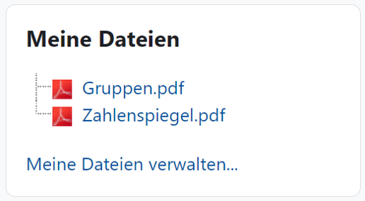 Der Bildschirmausschnitt zeigt den Block "Meine Dateien". In einer einfachen Baumstruktur sind zwei Dateien aufgelistet, beide haben ein führendes PDF-Symbol. Unterhalb ist der Link "Meine Dateien verwalten..." dargestellt.