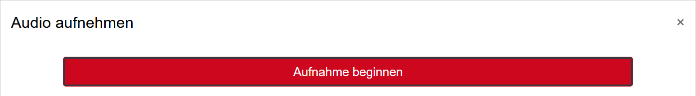 Der Ausschnitt zeigt den Dialog "Audio aufnehmen". Rechts ist ein kleines Kreuz um den Dialog zu schließen, darunter über die gesamte Breite eine rote Schaltfläche mit dem Text "Audio aufnehmen".