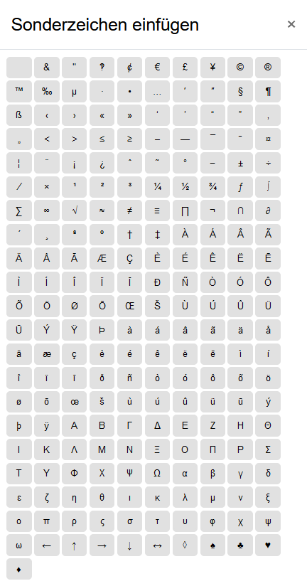 Der Bildschirmausschnitt zeigt das Fenster "Sonderzeichen einfügen". 211 Schaltflächen mit Sonderzeichen sind in Zehner-Reihen untereinander angeordnet.
