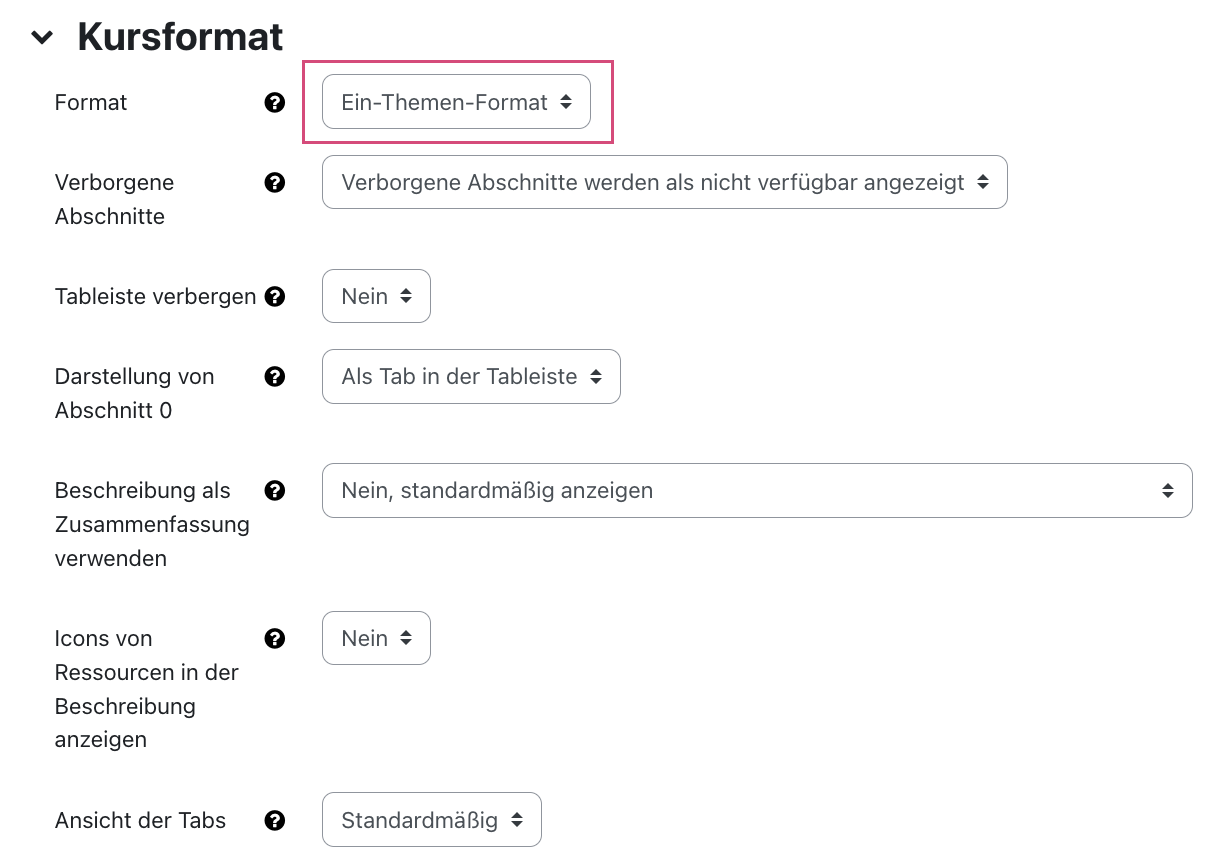 Kursformat Einstellungen