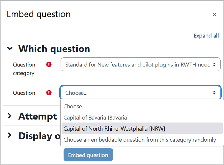 Selecting a question to embed