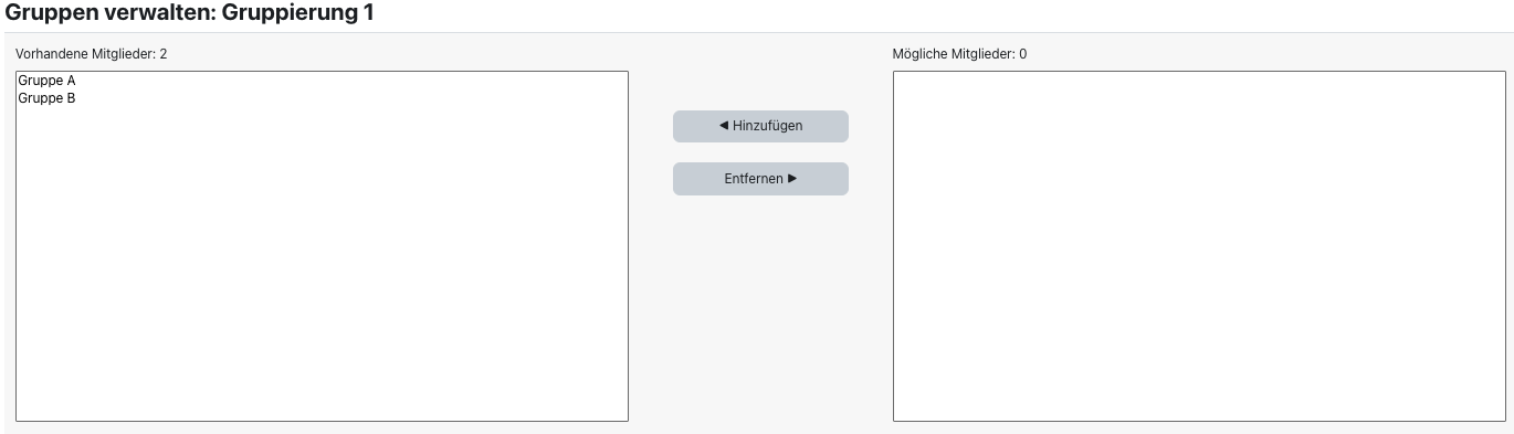 Der Bildschirmausschnitt zeigt die Gruppenverwaltung für die Gruppierung "Gruppierung 1". Link ist ein großer Bereich "Vorhandene Mitglieder", hier sind 2 angeführt, "Gruppe A" und "Gruppe B". Rechts ist der Bereich "Mögliche Mitglieder", der leer ist. Zwischen beiden Bereichen dienen die Schaltflächen "Hinzufügen" und "Entfernen" zum Verschieben von Gruppen aus dem jeweils einen Bereich in den anderen.