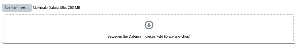 Das Bildschirmfoto zeigt das Feld zum Hochladen einer Datei. Oben kann per "Datei wählen..." über einen Dialog eine Datei auf dem Rechner gesucht werden, daneben steht die Angabe "Maximale Dateigröße: 250 MB". Den unteren Bereich nimmt ein "Drag-and-drop"-Feld ein, auf das eine Datei per Maus gezogen werden kann. Dargestellt ist dies mit einem grauen Pfeil in einem Kreis und dem Text "Bewegen Sie Dateien in dieses Feld (Drag-and-drop)".