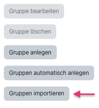 Angezeigt werden die Funktionalitäten der Gruppenverwaltung, die über folgende Schaltflächen angesteuert werden können: "Gruppe bearbeiten" ist ausgegraut, "Gruppe löschen" ebenso. Darunter folgen "Gruppe anlegen", "Gruppen automatisch anlegen" und "Gruppe importieren", welches auf dem Bildschirmausschnitt mit einem roten Pfeil markiert ist.