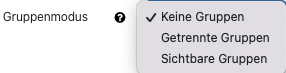 Der Bildschirmausschnitt zeigt die Optionen für das Dropdown-Menü "Gruppienrung". Folgende Optionen stehen zur Verfügung: "Keine Gruppen" (hervorgehoben", "Getrennte Gruppen" und "Sichtbare Gruppen".