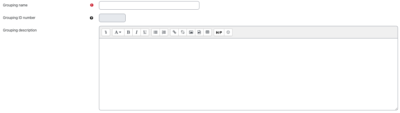 The screenshot shows the three fields for group identification. The field "Group name" has no input yet, same applies for the "Grouping ID number". The description can be entered into the text field "Grouping description" with a rich text editor.