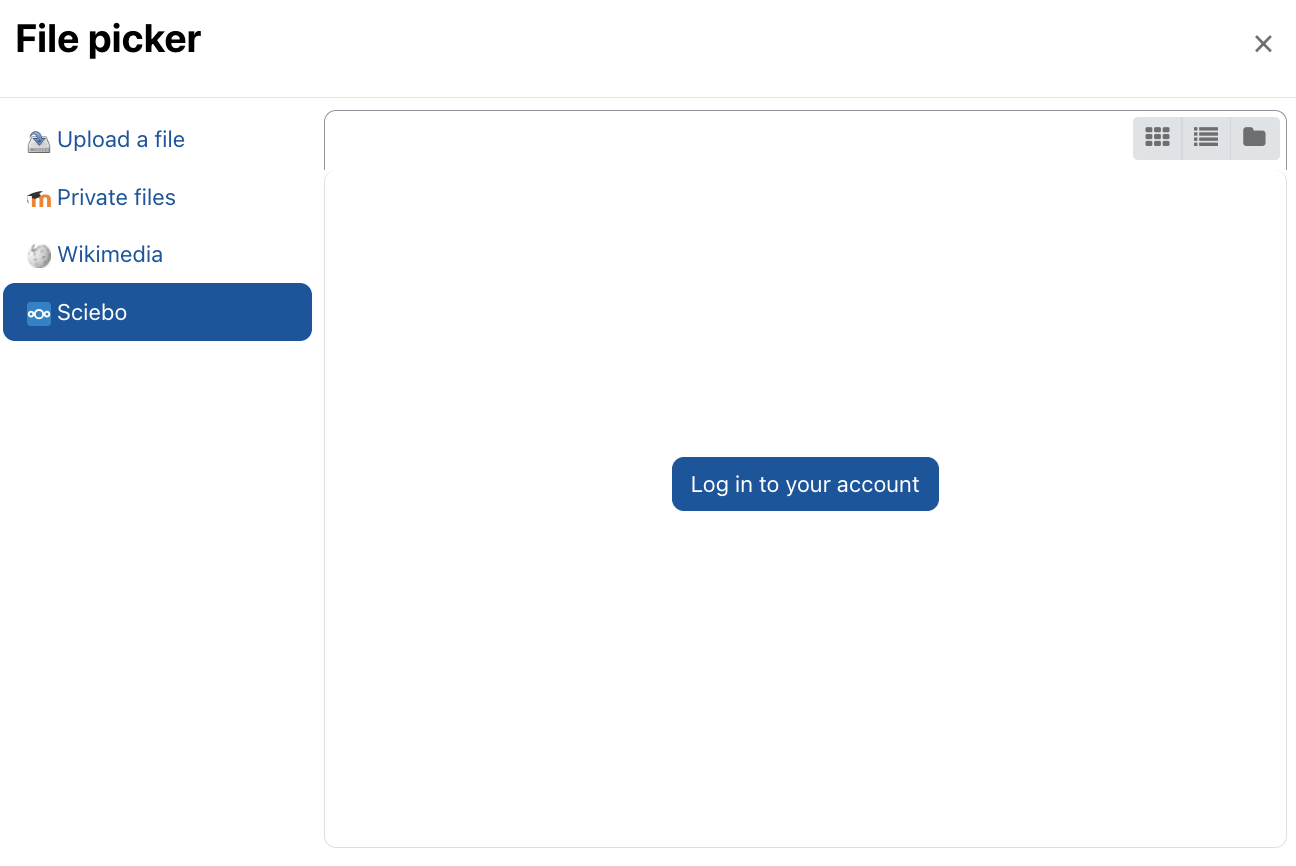 Screenshot of the file picker window. It shows four repositories on the left, the lowest of which is selected for Sciebo. On the right of the selection window is the button "Log in to your account".