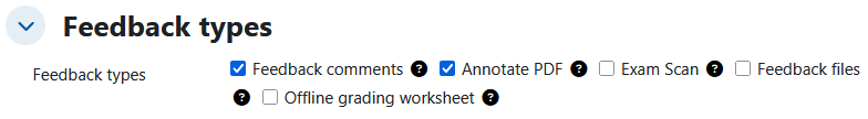 Screenshot: Feedback types with the options "Feedback comments", "Annotate PDF", "Exam Scan", "Feedback files", "Offline grading worksheet"