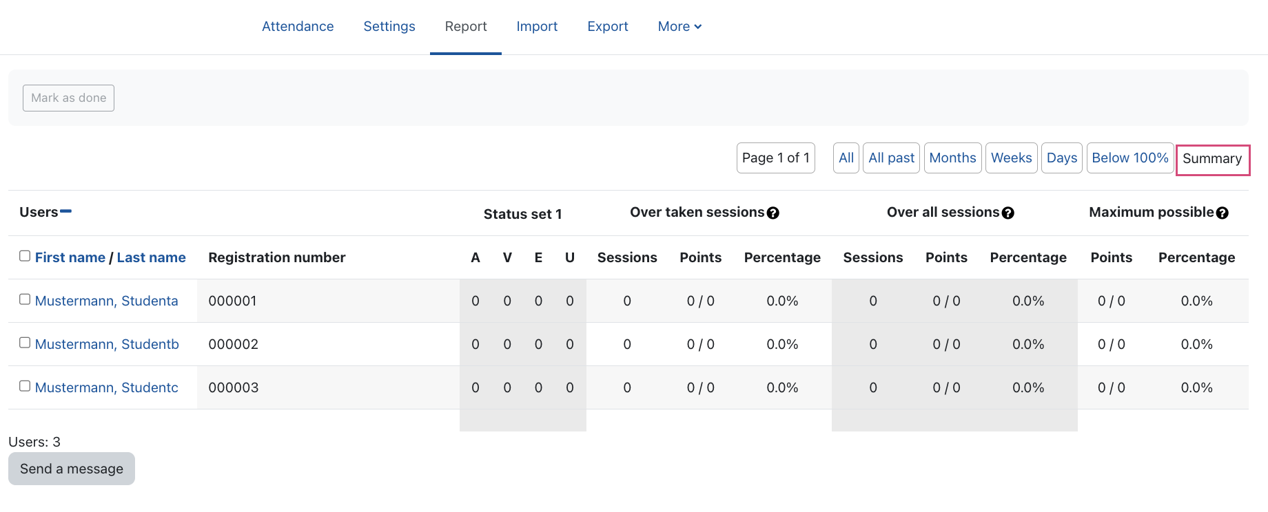 Attendance report with filter summary