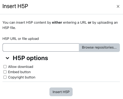 The "Insert H5P" dialog box