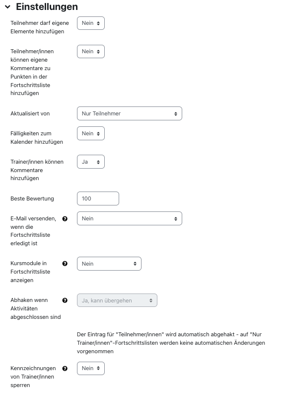 Screenshot: weitere Einstellungen der Fortschrittliste