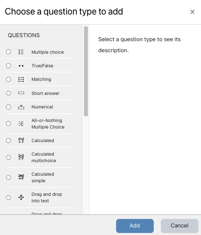 Pop-up window for choosing question type