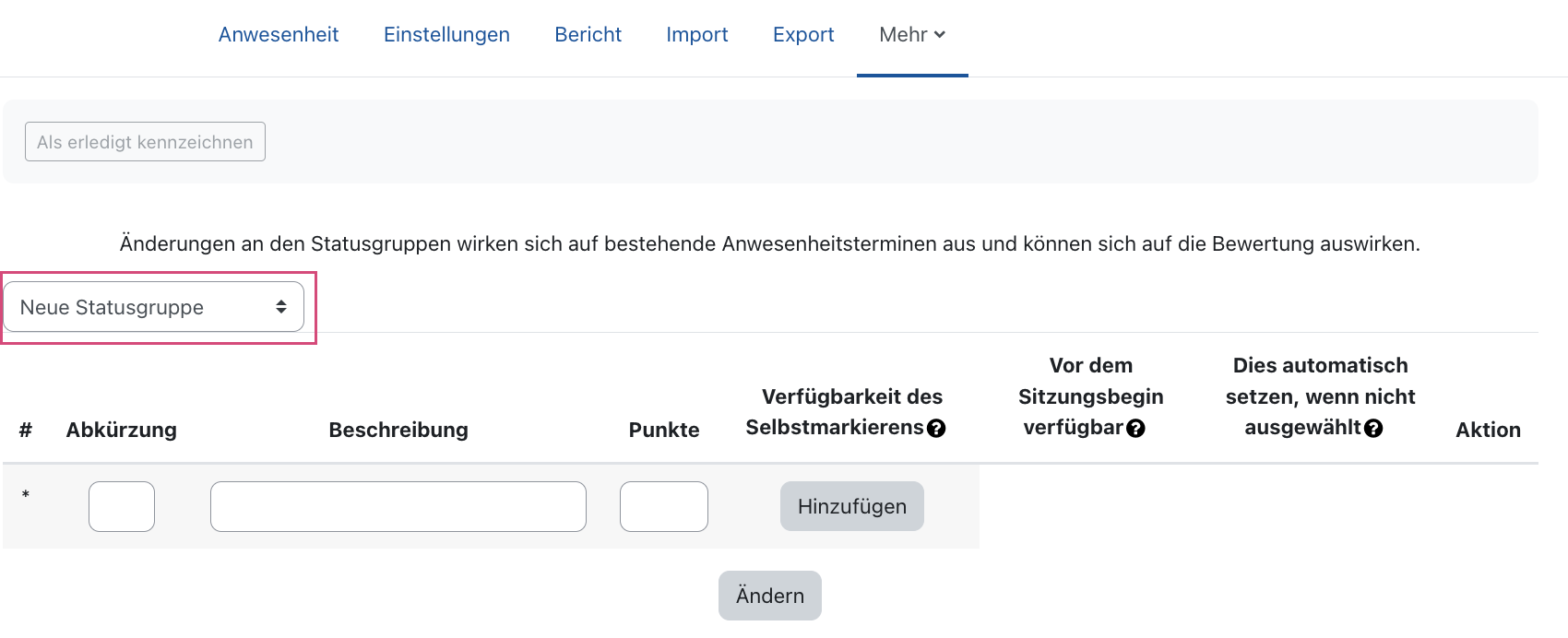 Neues Status-Set Definierung