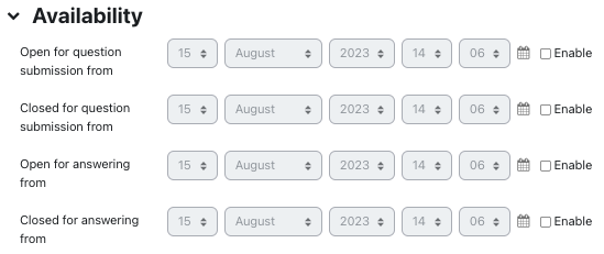 Availability section of StudentQuiz