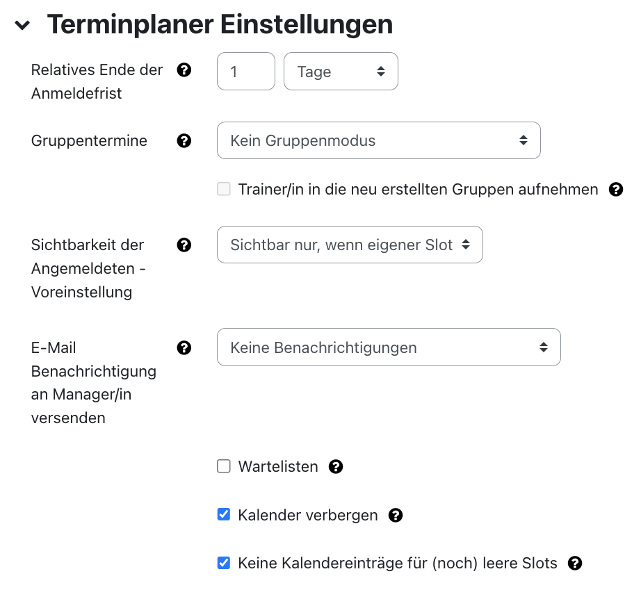 Terminplaner Einstellungen