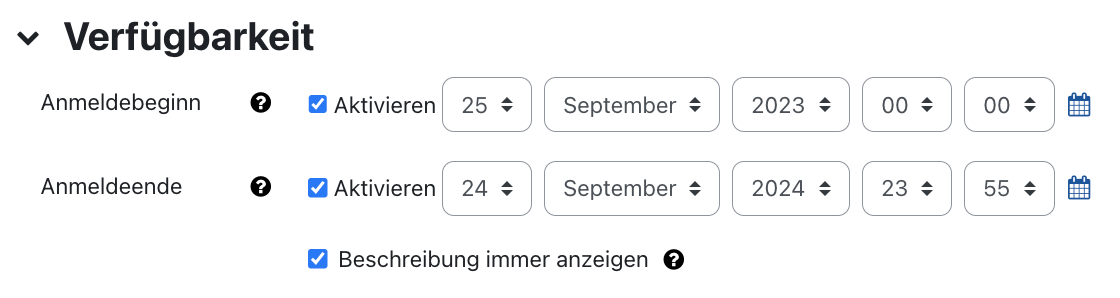 Verfügbarkeit Einstellungen von Terminplaner